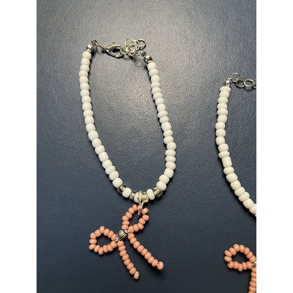 White, Silver, Pink Beaded Bow and Beaded Adjustable Friendship Bracelet Set - Picture 4 of 4